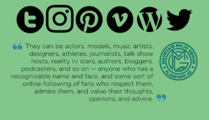 Top of images shows icons for a variety of social media platforms including Tumblr, Instagram, Pinterest, Vimeo, WordPress, and Twitter. Below, a quote from the article reads: "They can be actors, models, music artists, designers, athletes, journalists, talk show hosts, reality tv stars, authors, bloggers, podcasters, and so on -- anyone who has a recognizable name and face, and some sort of online following of fans who respect them, admire them, and value their thoughts, opinions, and advice."