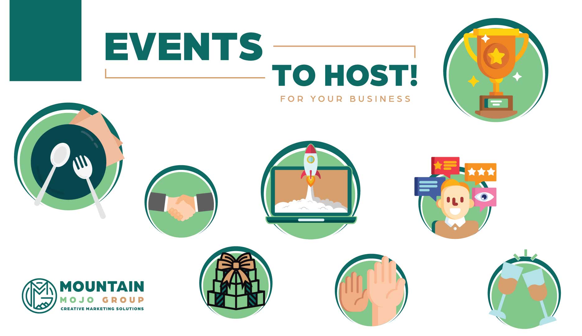This image provides icons that represent various event themes for clients including food services, meet and greets, gift exchange, and award ceremonies.