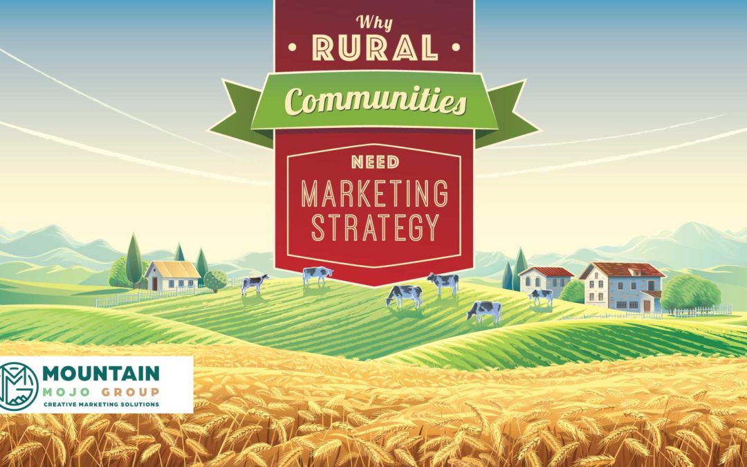 A cartoon farm with green hills and wheat fields. The text "Why rural communities need marketing strategy," drops from the top of the image into the farm.