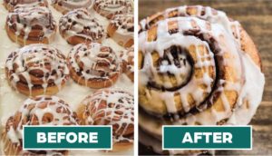before and after photo of cinnamon roll photos - the left side shows a pixelated photo of cinnamon rolls while the right shows a up close high quality photo of a single cinnamon roll.