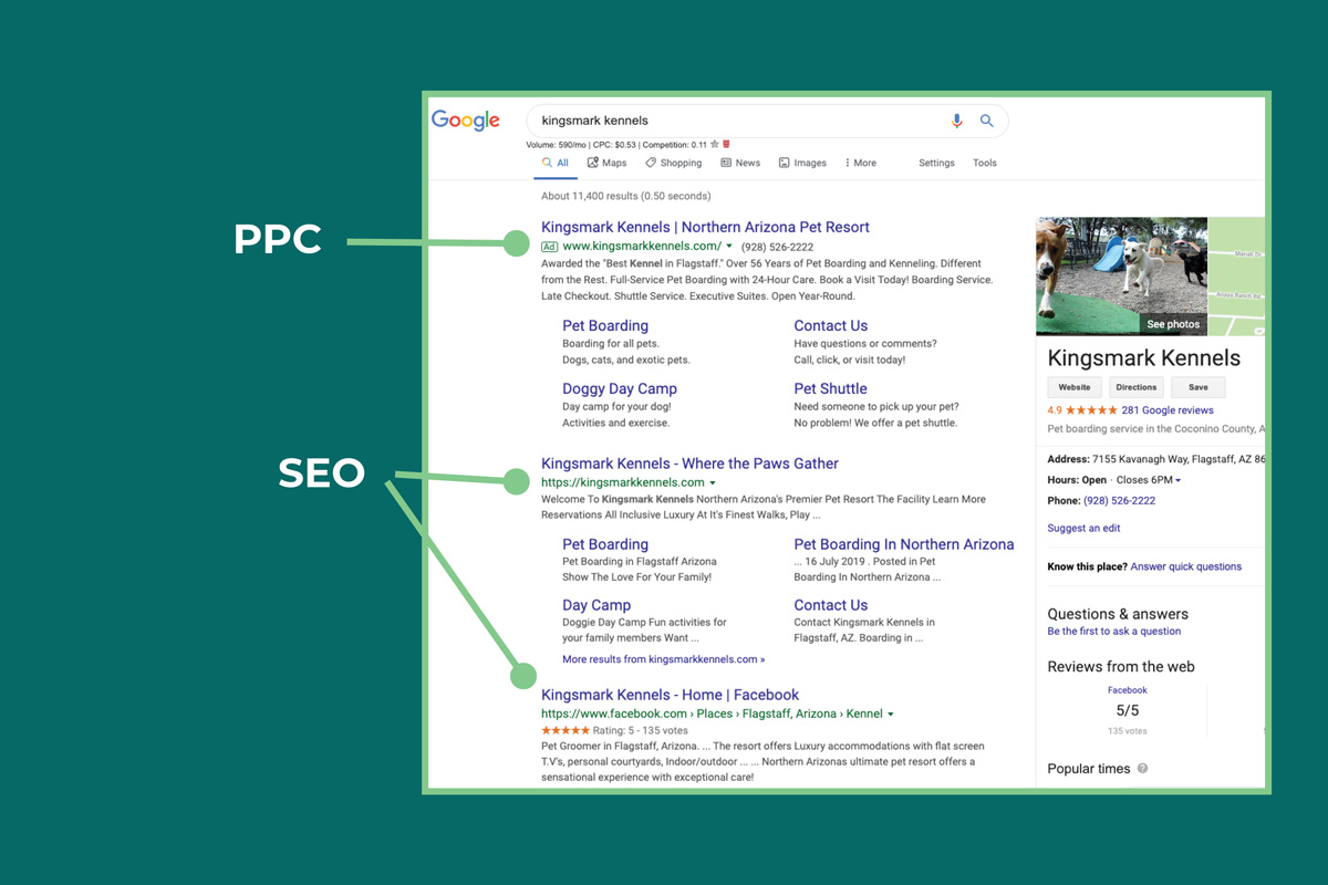 PPC and SEO results on Google SERP