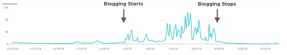 This graphic is from an analysis of one of our client's Google impressions - how many times this website was shown around Google for different queries. It's a great object lesson in how vital good, consistent blogging helps Google find your site and its products.