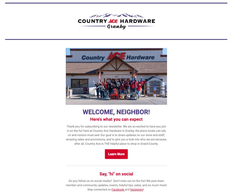 email welcome newsletter by granby country ace hardware
