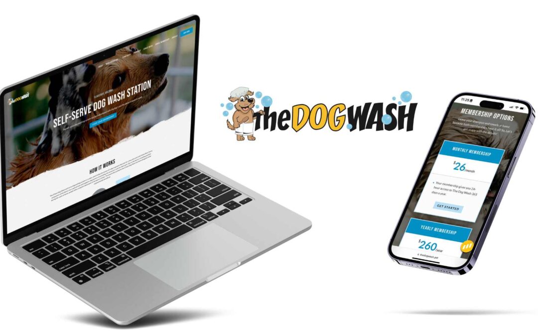 laptop and iphone with a mockup of the dog wash website