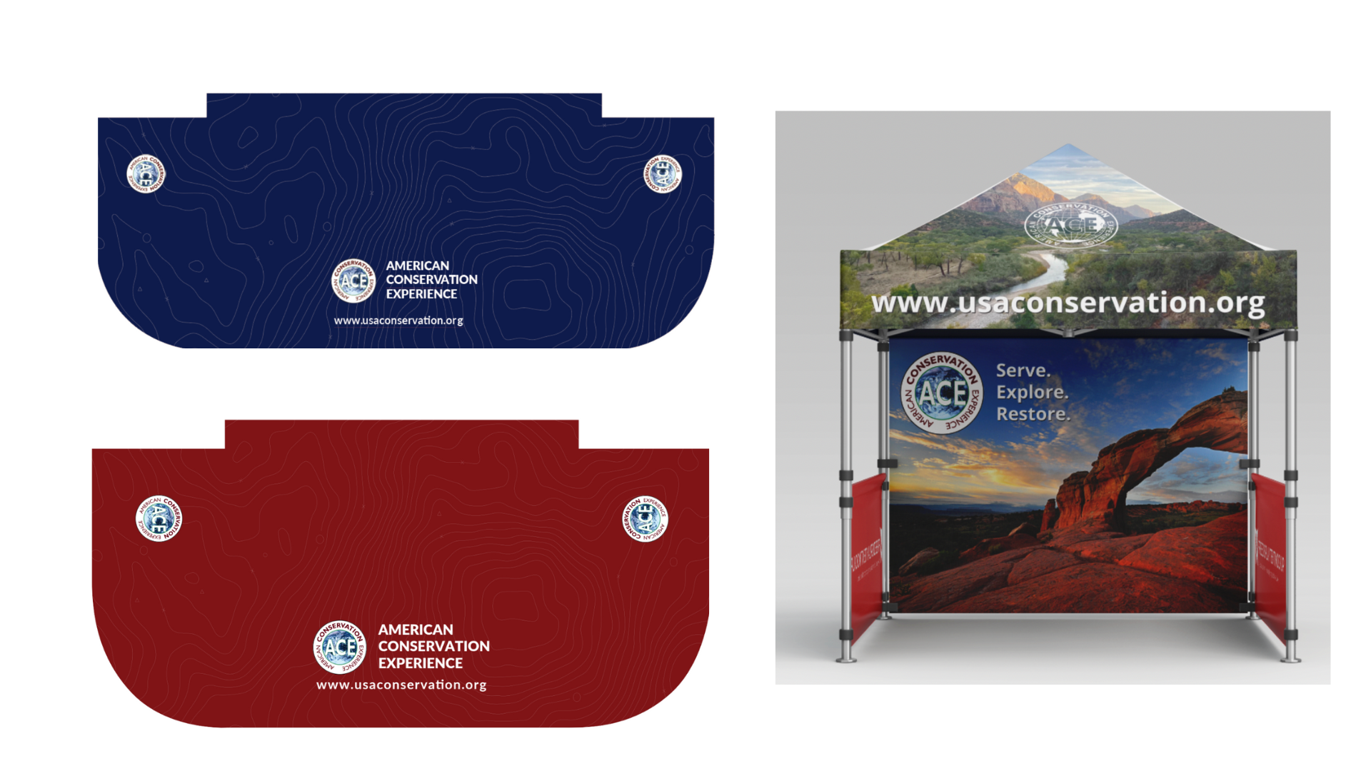 On the left, a red table cover with topographic lines, representing ACE's brand identity. On the right, a blue table cover with similar topographic lines. Next to them, a pop-up tent displays a captivating red rock landscape with a flowing river, highlighting ACE's commitment to environmental conservation and outdoor experiences.