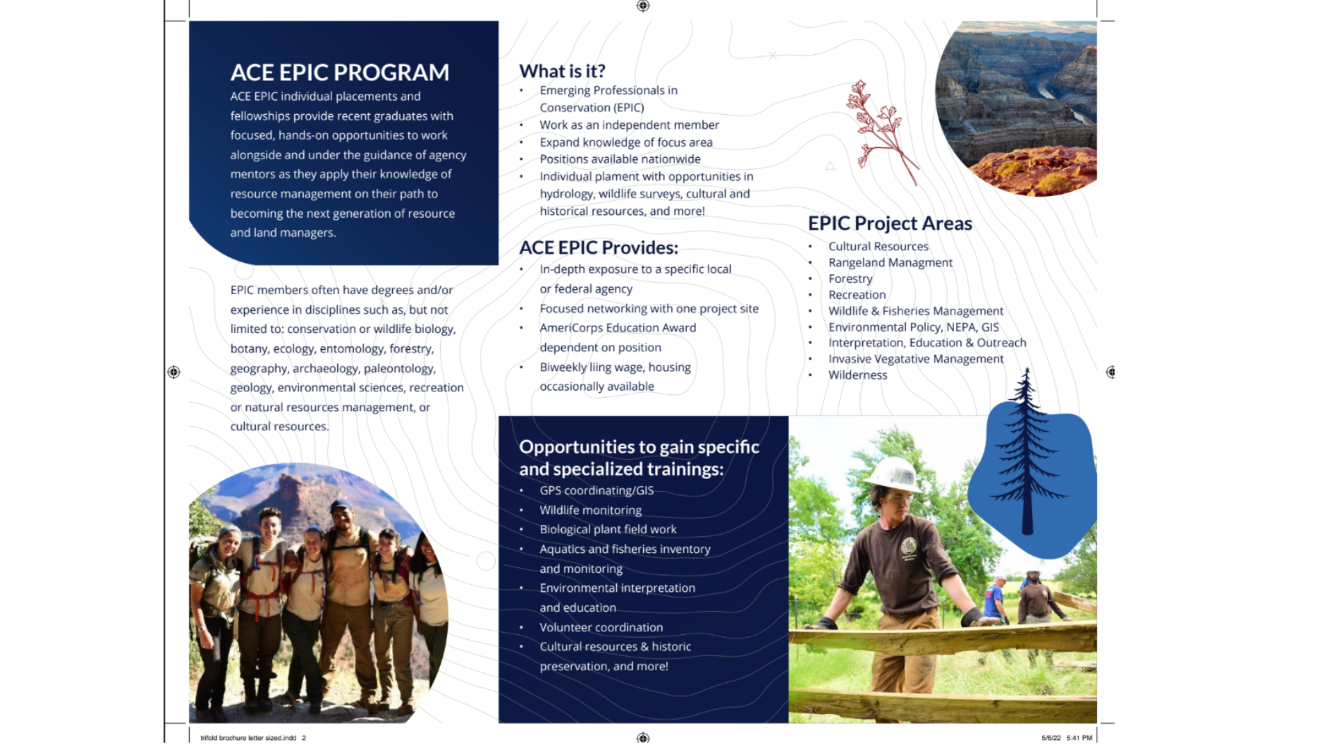 a photo of a trifold brochure showcasing the team and benefits of working in the ACE EPIC Program