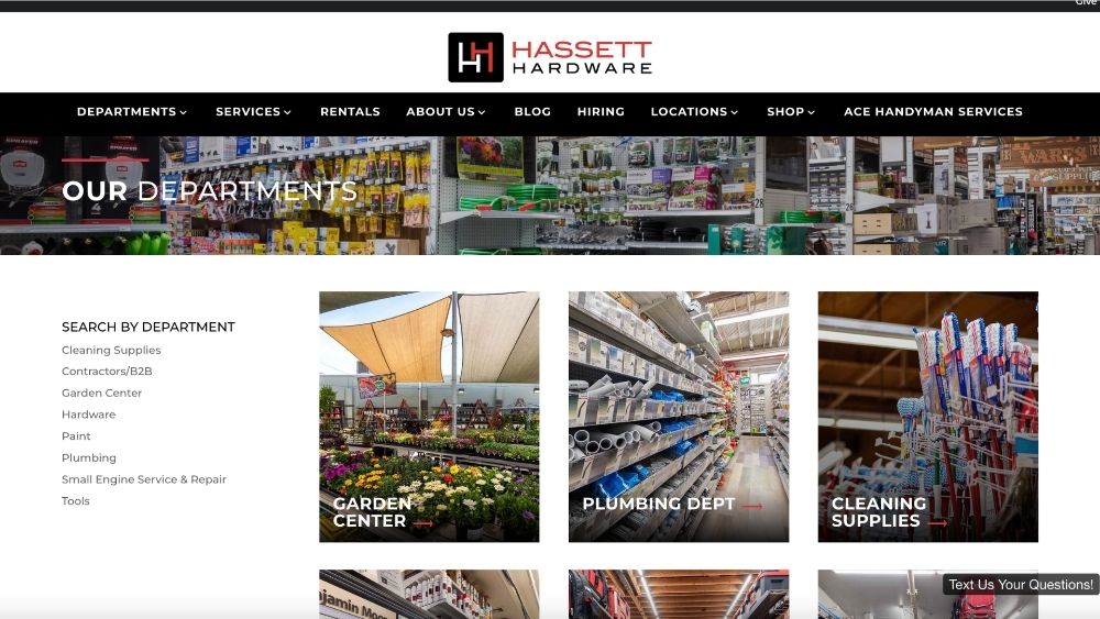departments page for hassett hardware website
