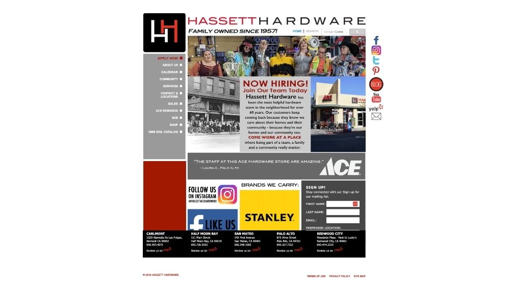 view of original hassett hardware website page before redesign