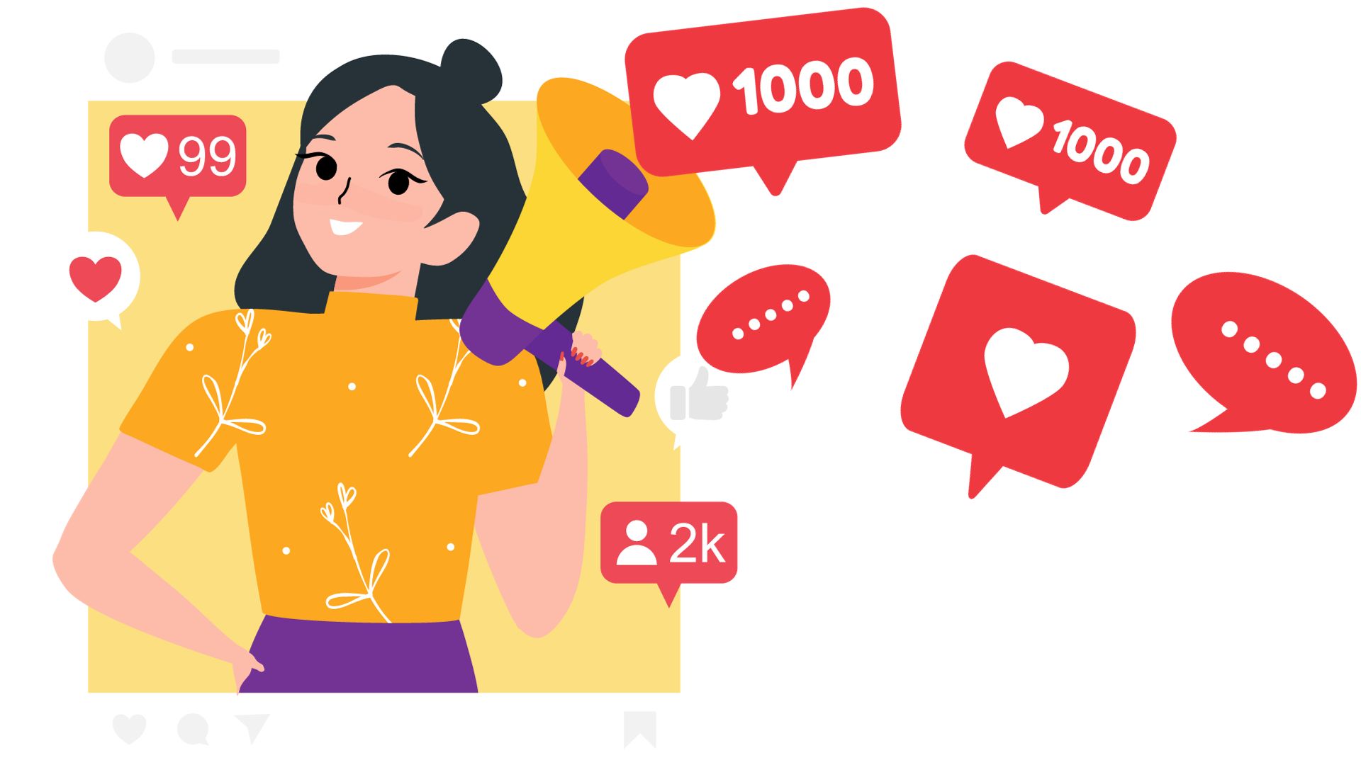 graphics of a cartoon woman surrounded by red graphics with social media likes, comments and engagement icons